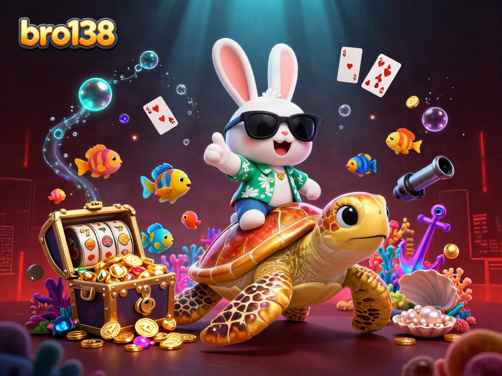 Experience the exciting world of bro138 with a lucky rabbit and golden turtle in this vibrant underwater scene.