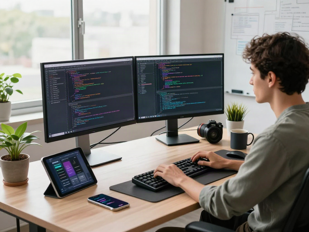 Professional developer using gb whatsapp and coding in a modern workspace.