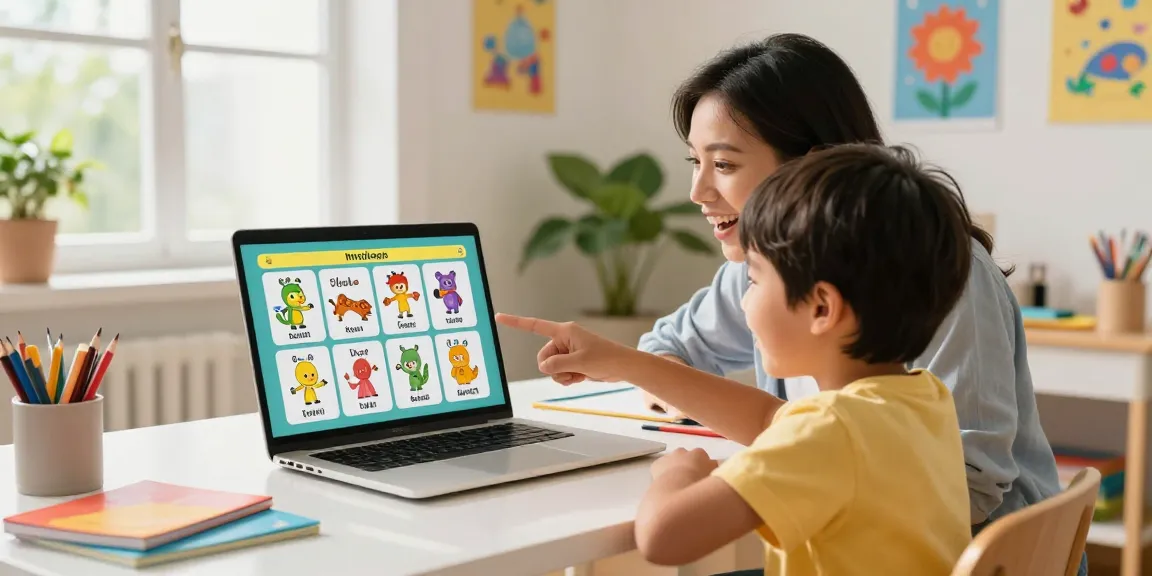 Excited child learning English online for kids with a friendly tutor in a cozy home environment.