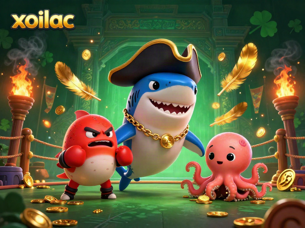 Xoilac pirates celebrate victory in a vibrant 3D casino scene filled with coins and golden light.