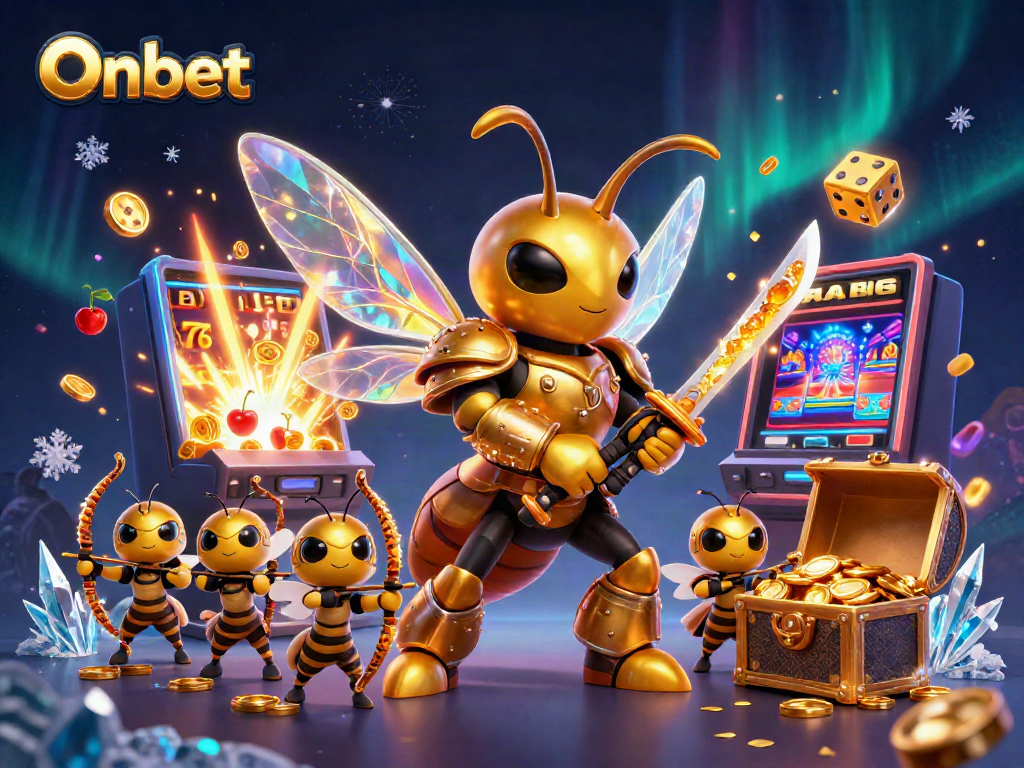 Engage with Onbet's vibrant gaming scene featuring a dynamic cartoon hornet champion and immersive slot machine.