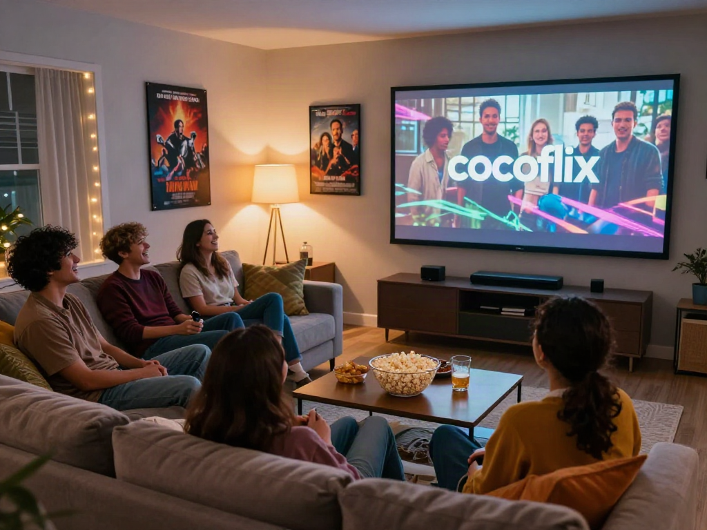 Friends enjoying a movie night with cocoflix logo on screen in cozy home theater.