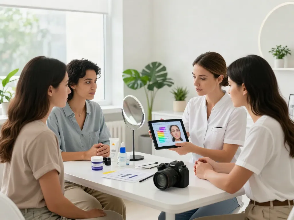 Alternatives to QOVES depicted in a modern beauty consultation scene, showcasing diverse individuals engaging in facial analysis.