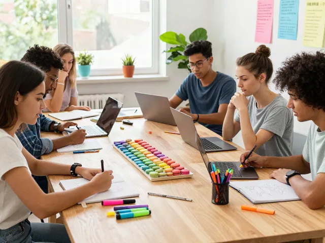 Students collaborating with colorful highlighter pen supplier products in a bright study space.