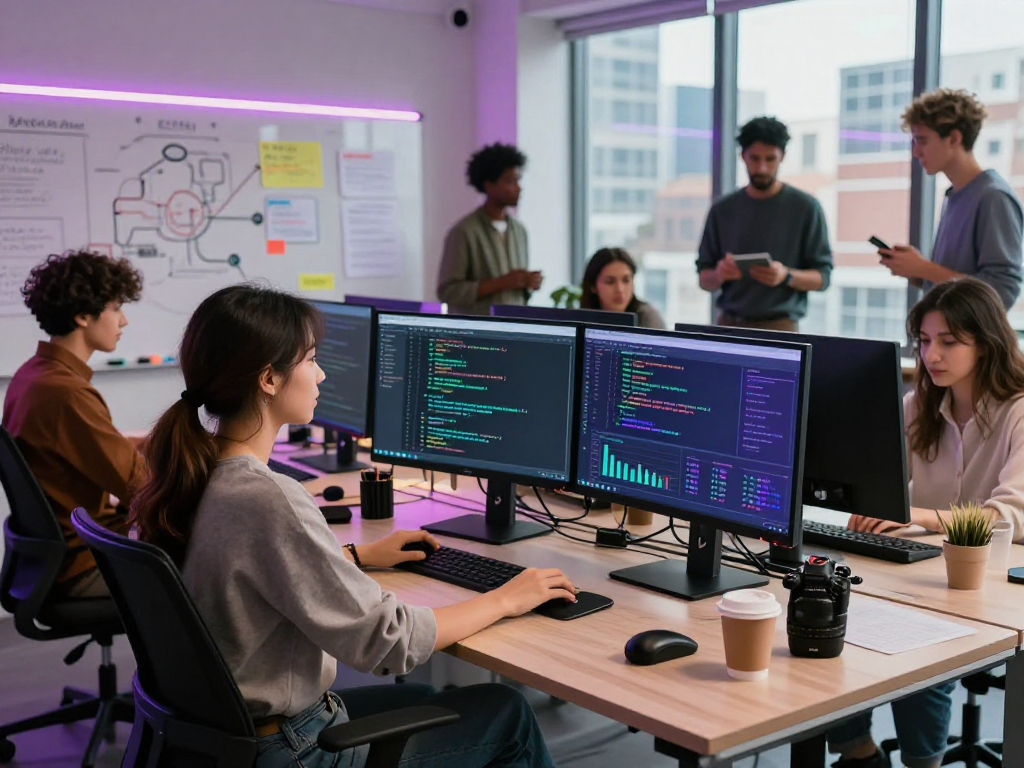 Developers collaborating on Tornado Cash technology in modern workspace with coding on screens and city view