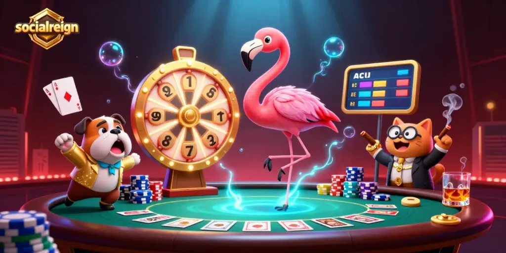 Engage with socialreign in this vibrant 3D casino scene showcasing exciting card games.