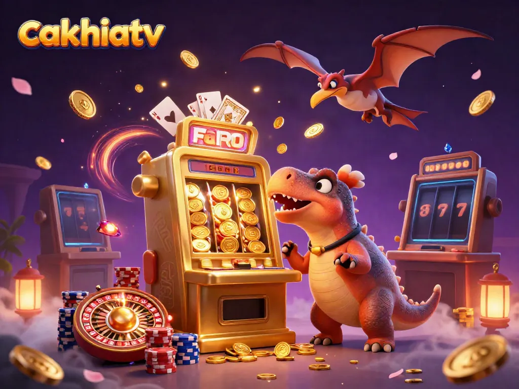 Cakhiatv delivers an exciting scene with a pachycephalosaurus winning coins from a slot machine, showcasing thrilling gambling action.