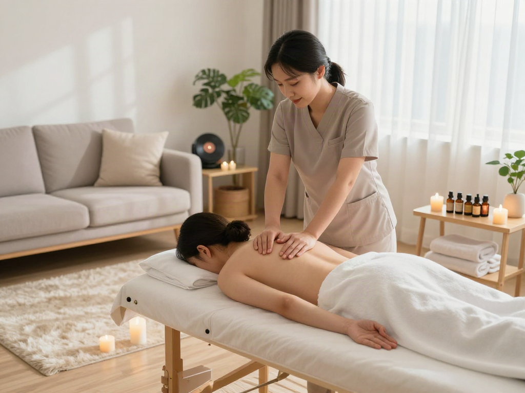 Tranquil setting for 양천구출장안마 as a masseuse provides soothing massage in a serene living room environment.