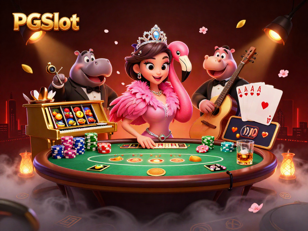 Experience the excitement of PGSlot reels with vibrant symbols and dynamic casino characters.