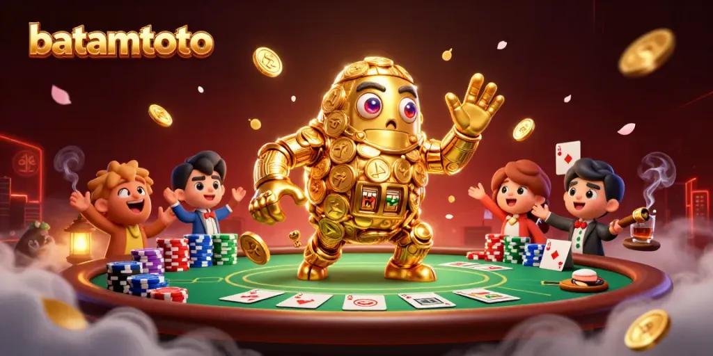 Engaging scene with batamtoto featuring a golden golem and vibrant poker elements.