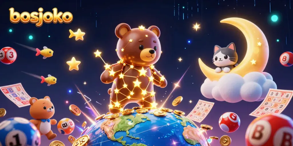 Join the winning adventure with bosjoko as the constellation bear scoops up lottery winnings in a magical night sky.