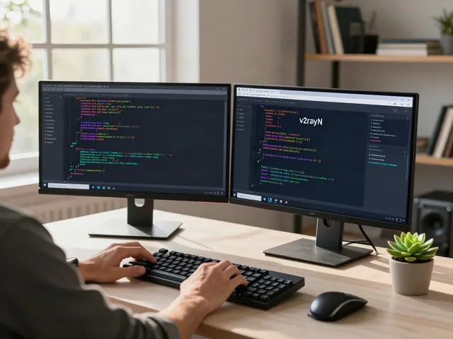 v2rayN官网 integrated into a sophisticated tech workspace with coding setup and dual monitors illuminated.