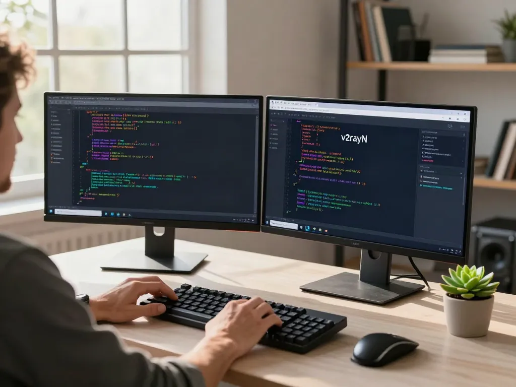 v2rayN官网 integrated into a sophisticated tech workspace with coding setup and dual monitors illuminated.