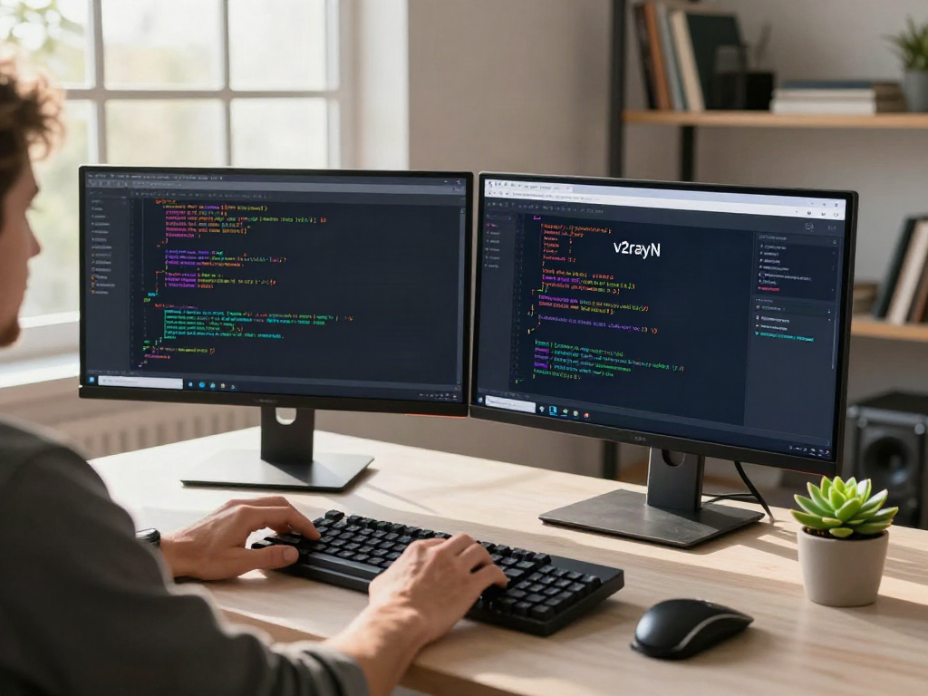 v2rayN官网 integrated into a sophisticated tech workspace with coding setup and dual monitors illuminated.