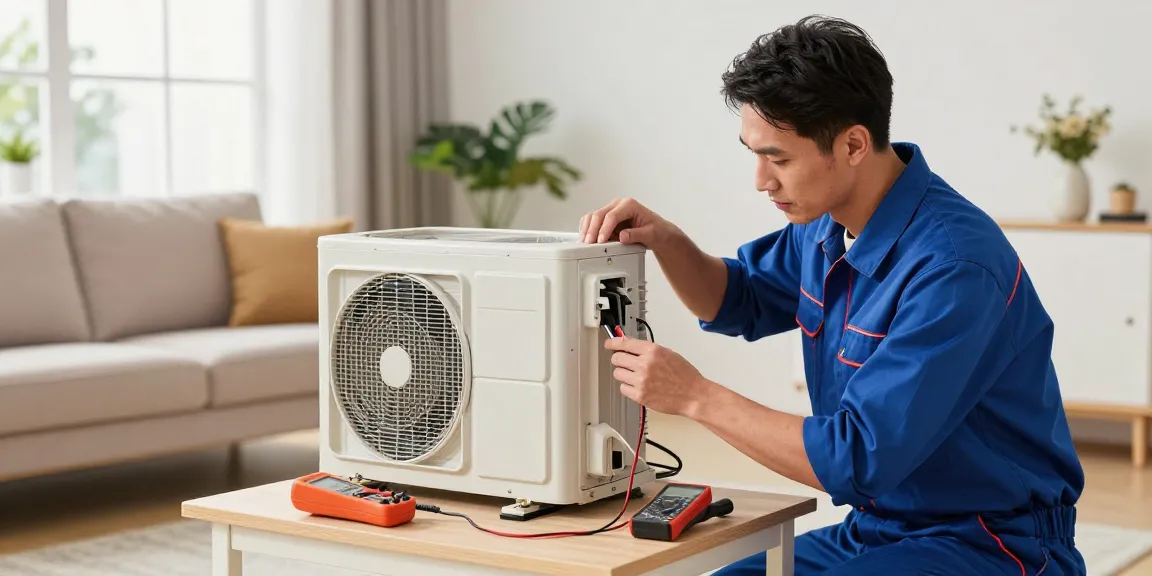 Reliable technician repairing a central type AC unit in a modern living room.