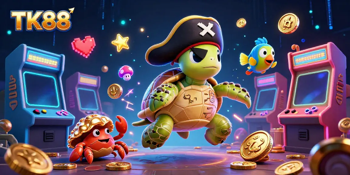 Engage with thrilling gaming action at TK88 featuring a cartoon pirate turtle, crabs, and vibrant casino elements.