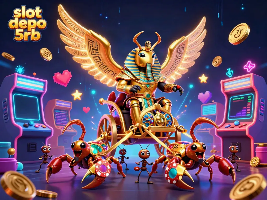 Engage with slot depo 5rb in a vibrant 3D illustration featuring a pharaoh beetle and scorpion chariot.