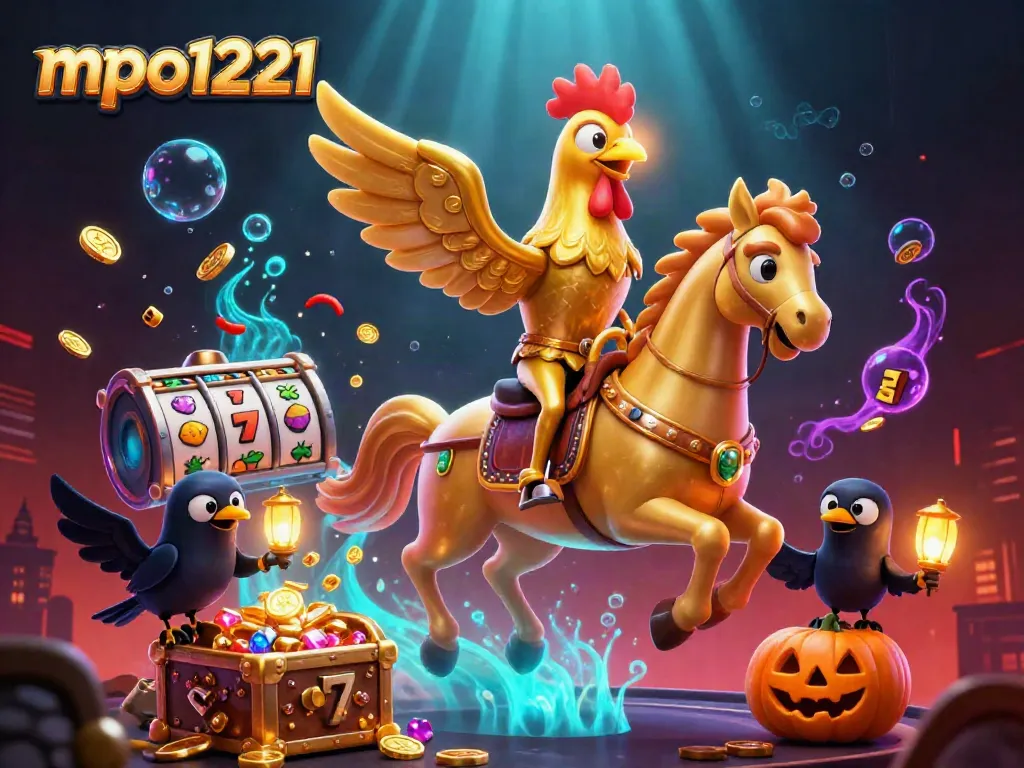 Engage with mpo1221, a vibrant 3D depiction of a casino scene featuring a golden rooster and rich game elements.