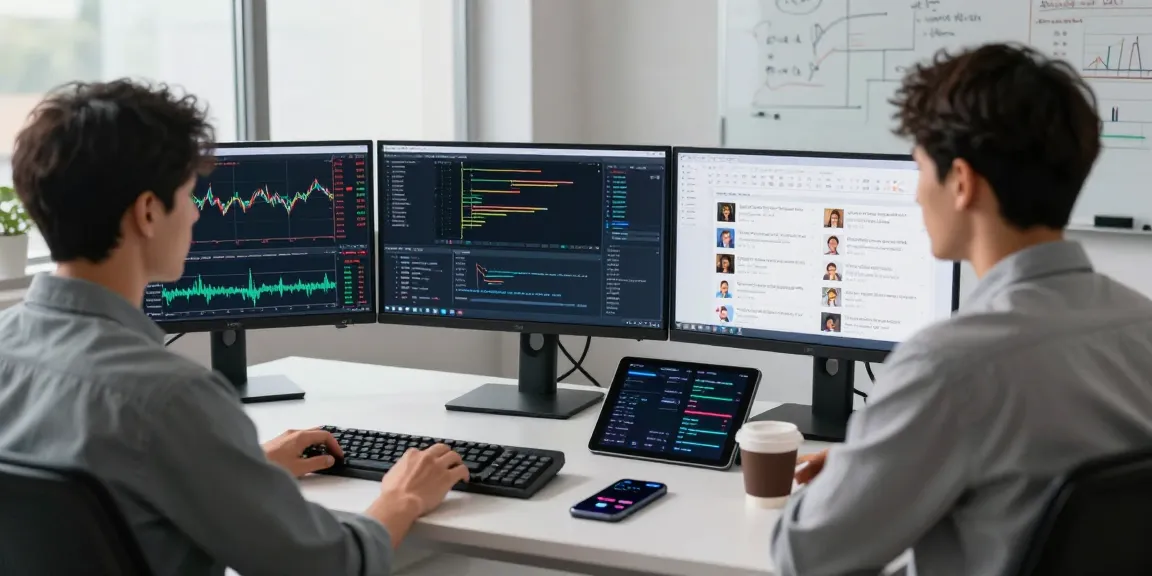 在TradingView官网上,专业交易者在现代办公环境中使用多显示器进行交易分析。