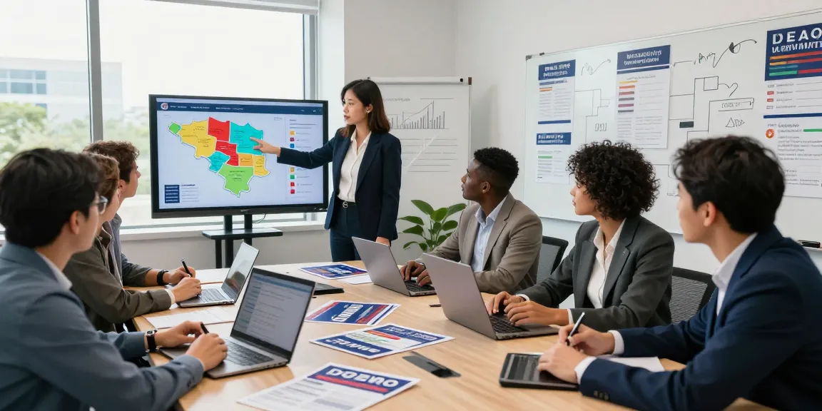 Political reputation management strategy session with campaign managers analyzing voter data and strategies.