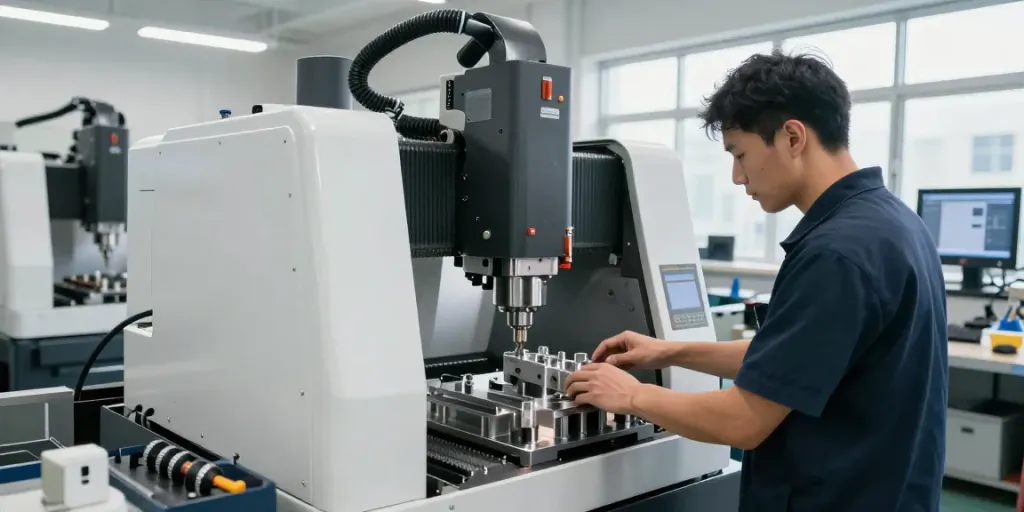 CNC machining parts being crafted with precision in a modern workshop.