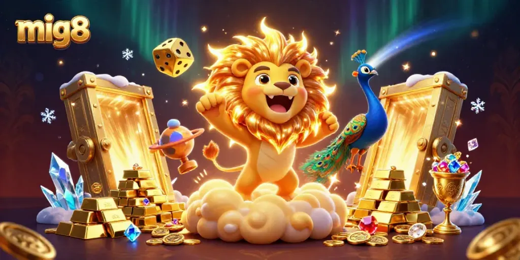 Spin and win with mig8's lively 3D illustration showcasing casino energy and gold.