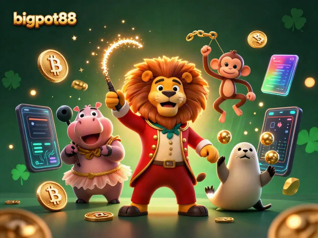 Win big at bigpot88 with a vibrant circus-themed 3D casino illustration showcasing dynamic characters and crypto elements.