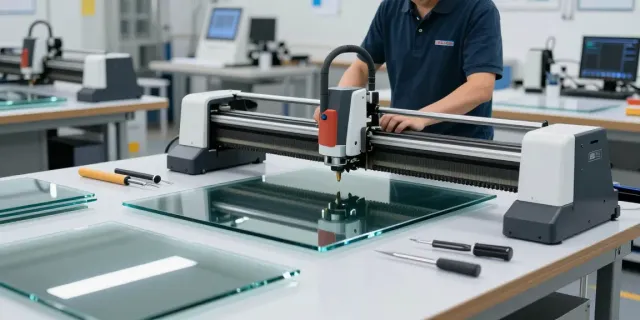 Technician using a glass cutting machine in a modern workshop.