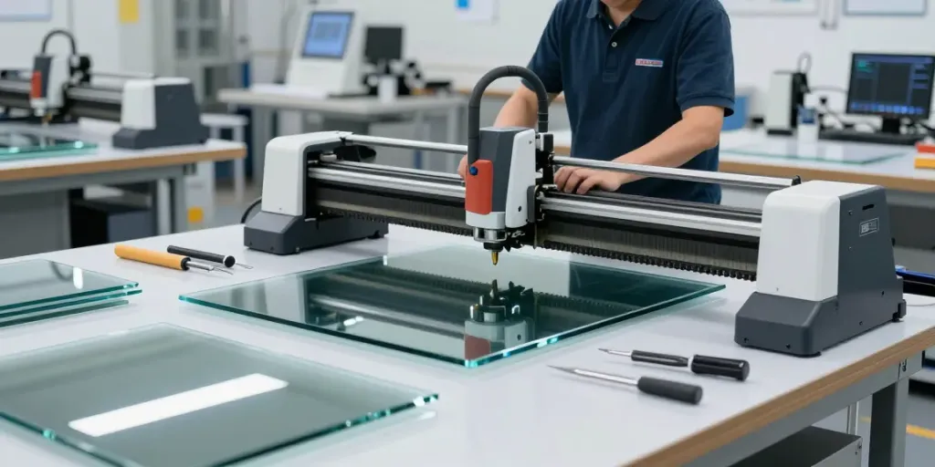 Technician using a glass cutting machine in a modern workshop.