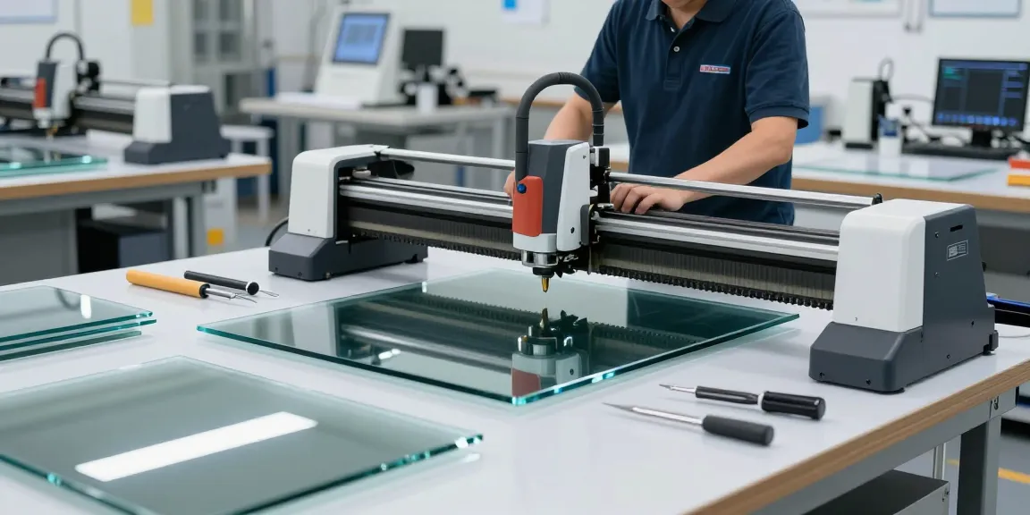 Technician using a glass cutting machine in a modern workshop.