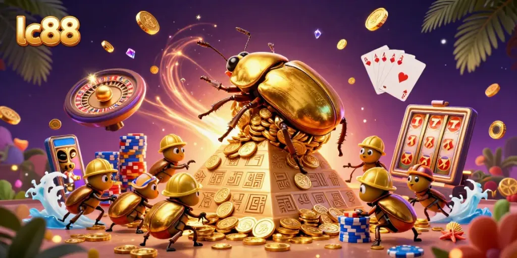 Spin the lc88 slot machine while enjoying golden coins and vibrant casino elements.