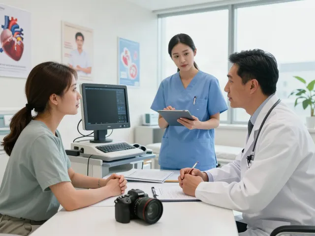 Heart failure treatment in Abu Dhabi: patient consulting cardiologist in a bright hospital setting with advanced medical tools.