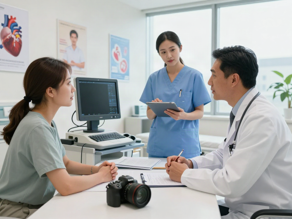 Heart failure treatment in Abu Dhabi: patient consulting cardiologist in a bright hospital setting with advanced medical tools.