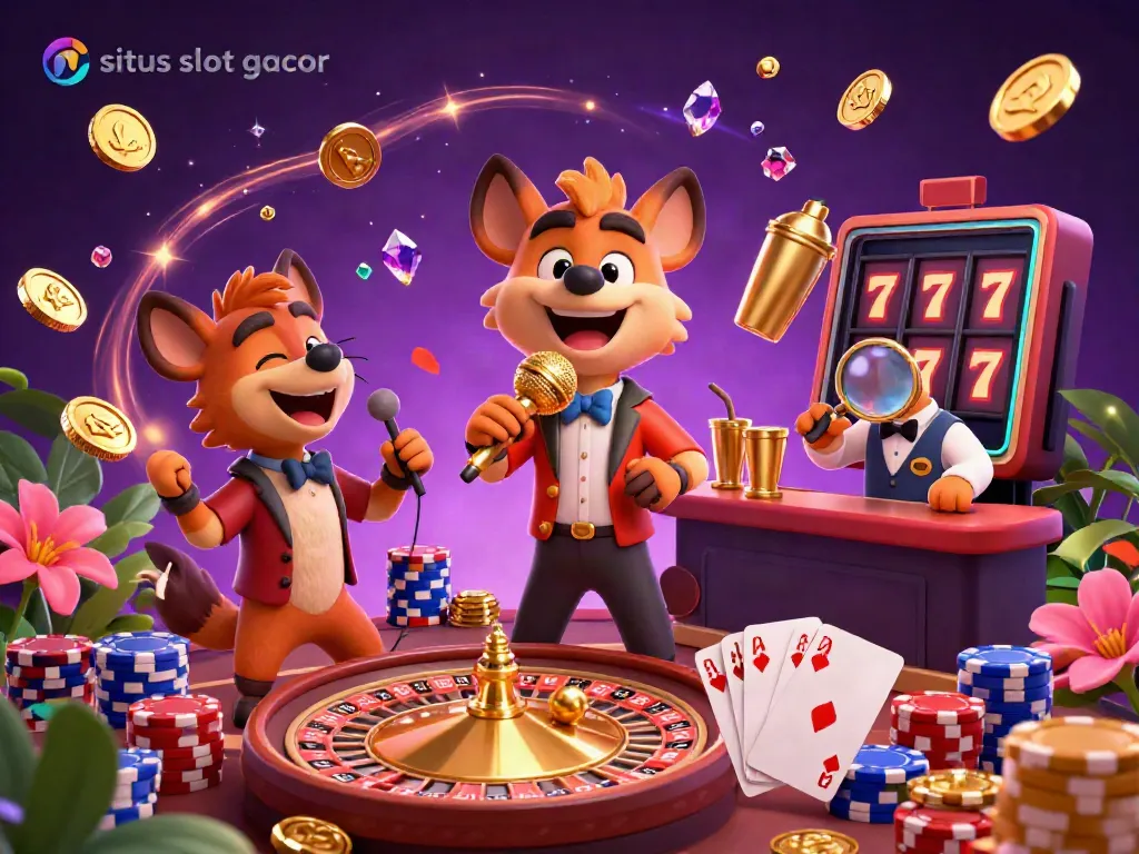 Experience the thrill of winning at situs slot gacor with vibrant hyena characters in a lively casino environment.
