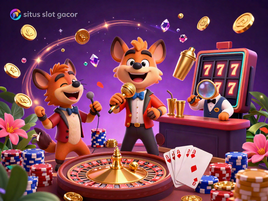 Experience the thrill of winning at situs slot gacor with vibrant hyena characters in a lively casino environment.