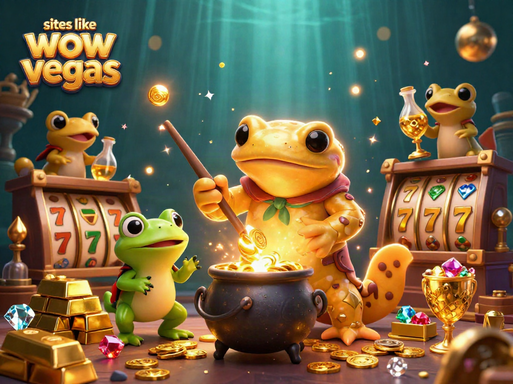 Spin and win at sites like wow vegas with vibrant 3D casino-themed illustration featuring golden coins and slot reels.
