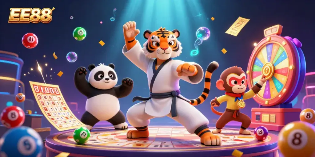 Engage with the vibrant world of EE88 through a dynamic illustration of a kung fu tiger and his students.