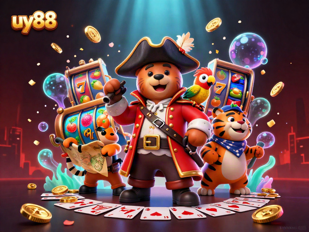Experience thrilling gameplay and chances to win with uy88 in a vibrant casino-themed 3D illustration.