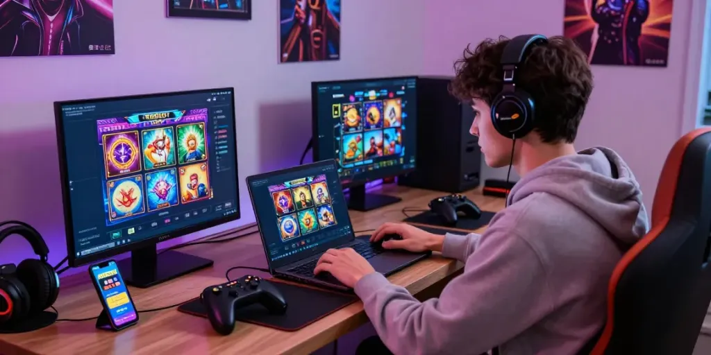 PESGSLOT gaming experience with a user engaged on a vibrant laptop in a cozy home setting.