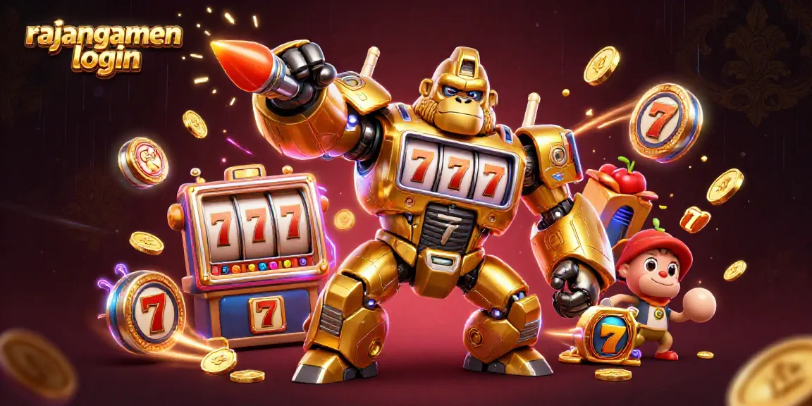 Gambarlah rajangamen login dengan gorila emas dan slot mesin, menampilkan suasana kasino yang menyenangkan.