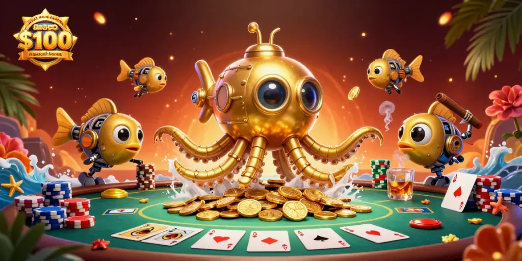 Experience the royal ace casino $100 no deposit bonus with a dynamic poker scene filled with gold coins and vibrant characters.