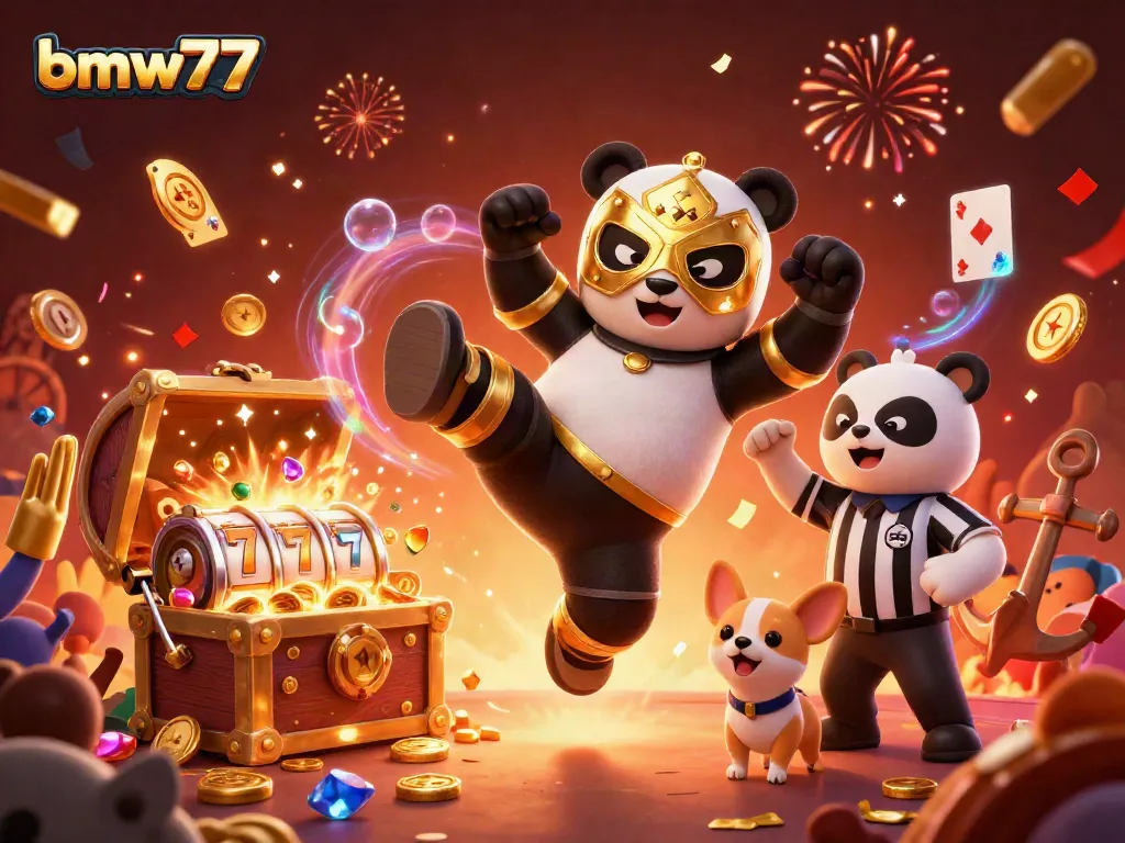 Gambarkan bmw777 dengan panda pegulat beraksi di kasino dengan banyak koin dan kartu.