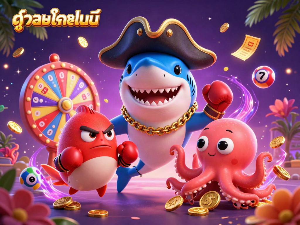 Experience ดูบอลออนไลน์ with an exciting 3D scene featuring a colorful cartoon shark and playful elements.