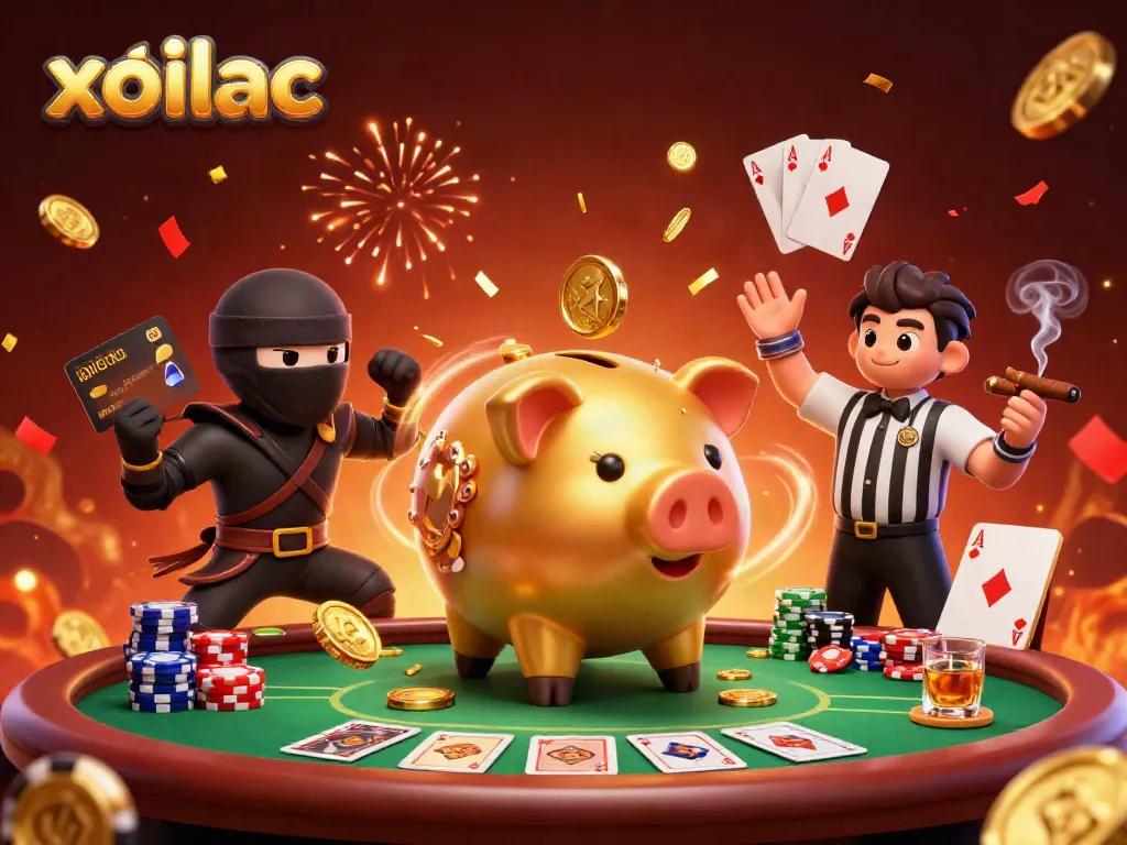 Xoilac showcases exhilarating online betting action with golden piggy bank sumo wrestler and lively casino elements.
