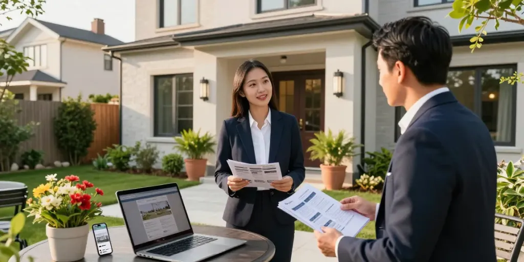 Prospective buyers exploring property features with agent outside modern home