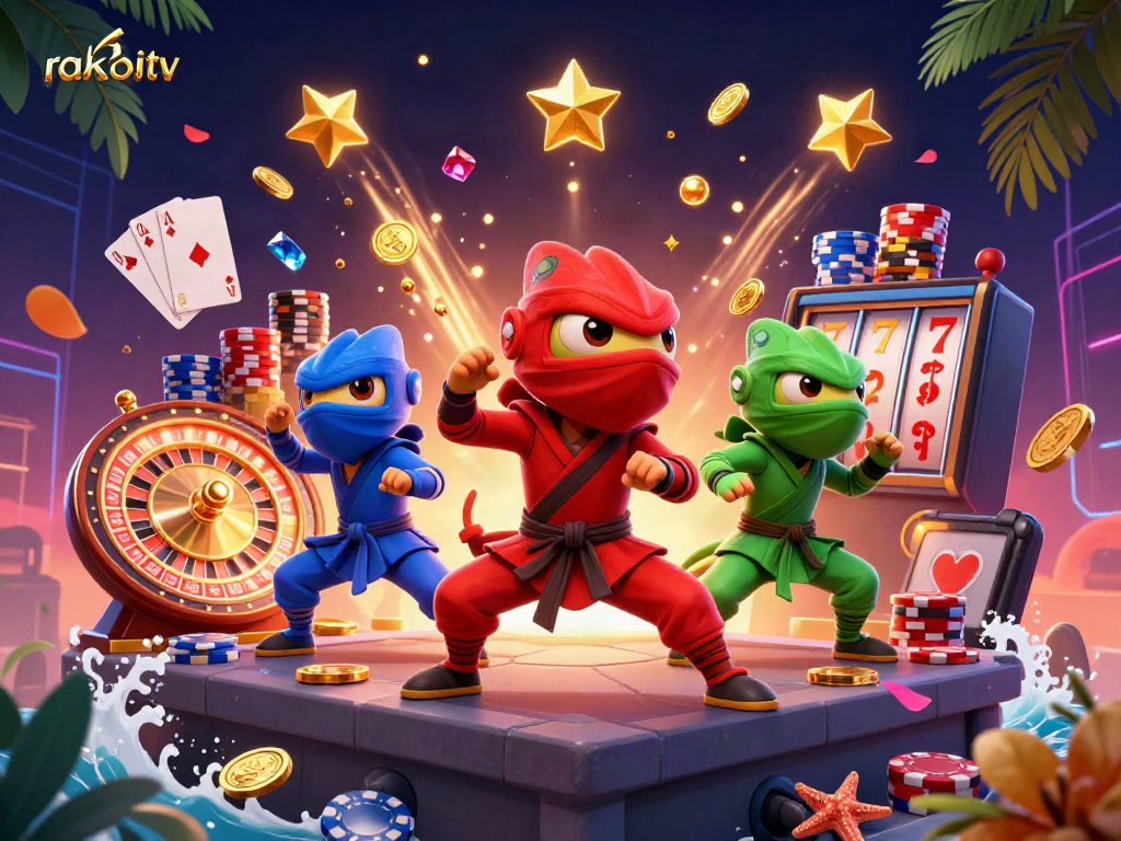 Experience immersive entertainment on rakhoitv with vibrant ninja chameleons amid sparkling casino elements.
