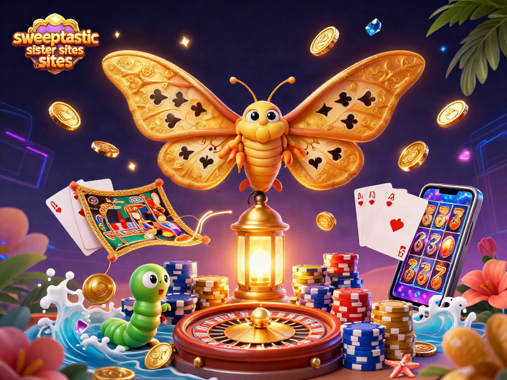 Experience the excitement of sweeptastic sister sites with vibrant casino-themed 3D illustration and golden winnings.