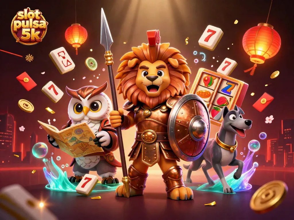 Experience the thrill of slot pulsa 5k with a vibrant 3D illustration featuring a Spartan lion, tactical owl, and swift greyhound.
