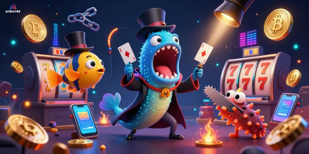 Experience thrilling magic from ambon4d with a guper eel and anglerfish in a vibrant casino setting.
