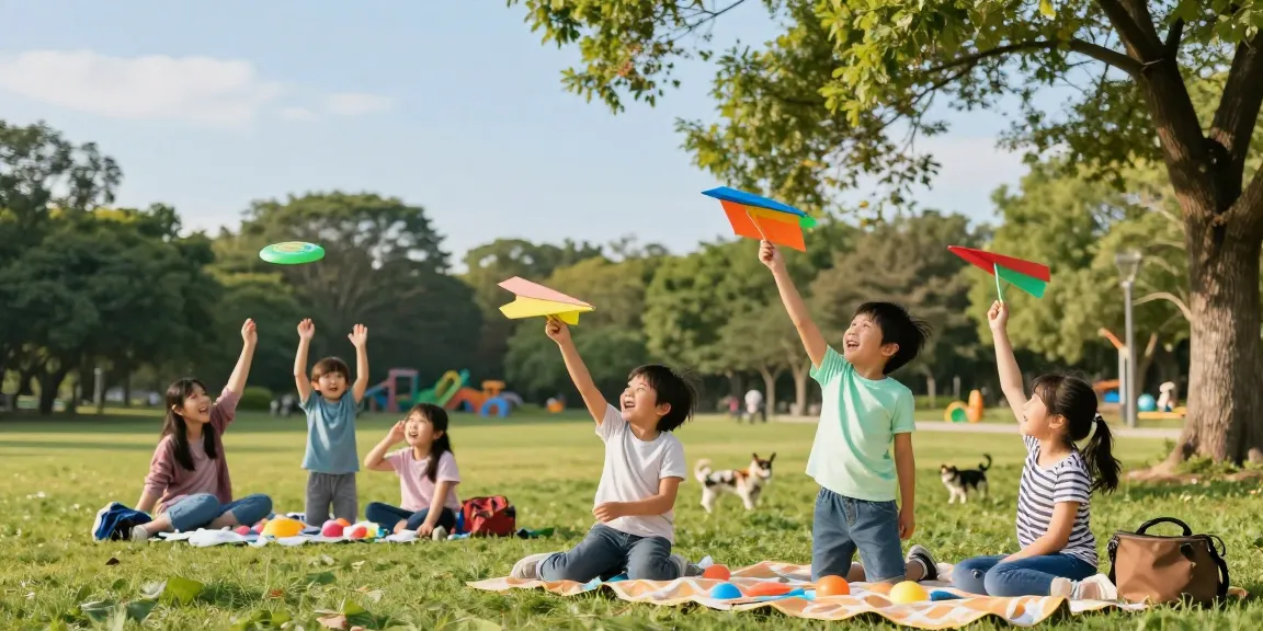 孩子们在公园快乐地放纸飞机，享受阳光和欢笑，传递着纯真的快乐。
